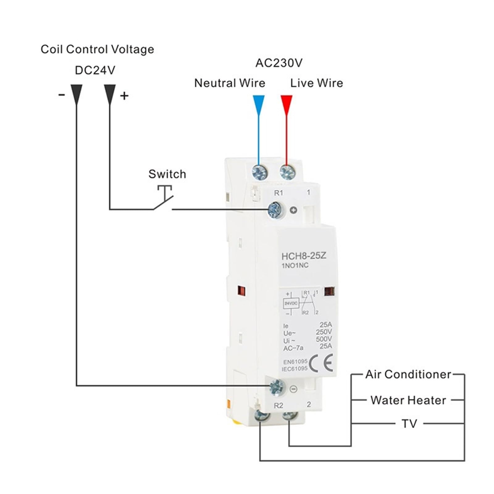 Contacteur 24 V HCH8-25 DC Contactor 2P 25A 2NO Der Kontaktmann DC12V Automatic Householdr Contactores 1 szt. (2P 25A 2NO DC24V)