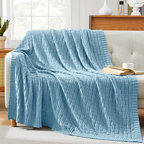 Image of TREELY 100% Cotton Knitted Throw Blanket 31 x 40 Inches, Teal Blue