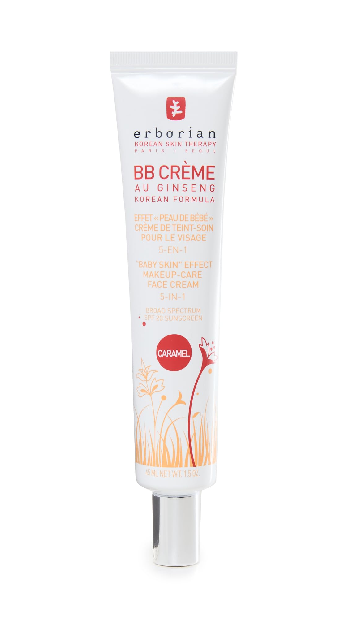 Erborian BB Cream with Ginseng, Caramel - Lightweight Buildable Coverage with SPF & Ultra-Soft Matte Finish Minimizes Pores, Blemishes & Imperfections - Korean Face Makeup & Skincare - 1.5 Oz