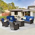 HOOOWOOO Patio Outdoor Furniture Set with Fire Pit Table,6 Piece Wicker Couch Sofa Swivel Chair Set,Weather Resistant Conversation Seating High Back Curve Arm(Navy Blue)