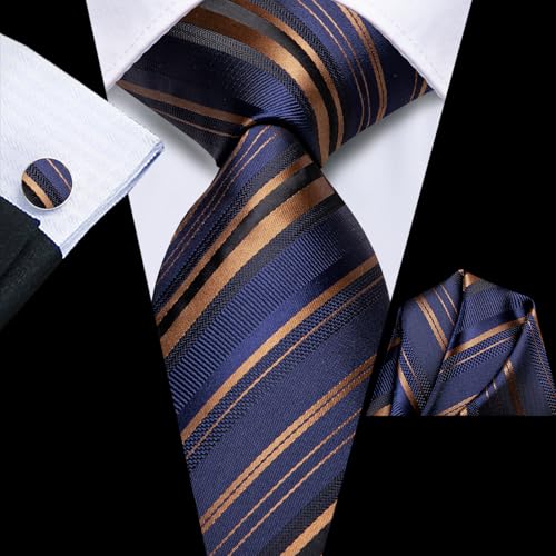 Image of Hi-Tie Men Silk Ties Set with Flower Lapel Pin Necktie Pocket Square Cufflinks for Tuxedo Wedding Business