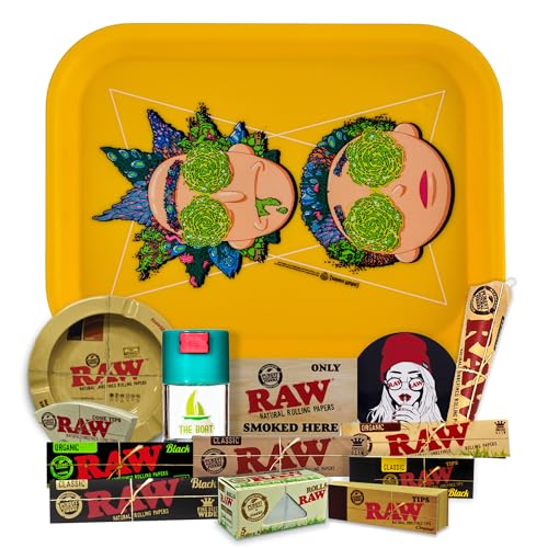 Plateau à rouler Rick and Morty 19 x 25cm + Cendrier RAW + Pot anti-odeur + Papier à rouler Raw Organique, Noir, Classic KingSize + Tips + Cône +...