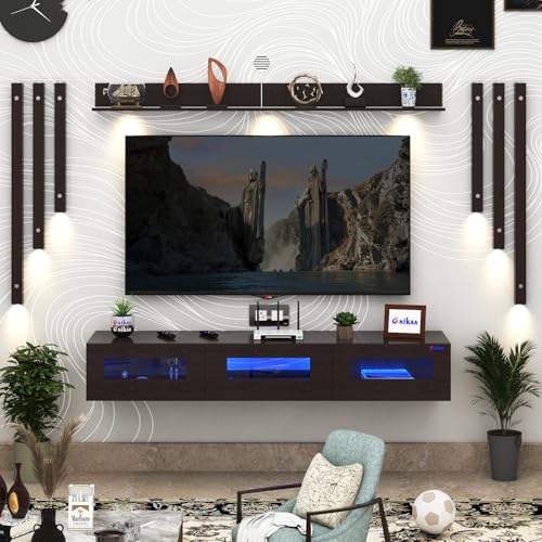 Image of Anikaa RayzaNote Engineered Wood Wall Mount TV Unit Acrylic Blue LED Storage Box, Side Wooden Accent Spot Light I Deal for Up to 50 Inch TV Wenge - DIY Installation