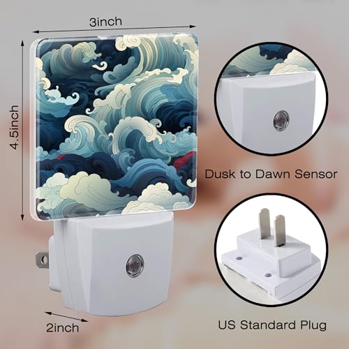 Image of Blue White Ocean Waves Night Light Plug into Wall,Cartoon Sea Waves Dusk to Dawn Night Light Plug in,0.5w Energy Saving Sleep Friendly NightLight for Kids Boys Girls Home Decor