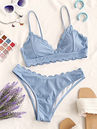 Zaful Women’s Two-Piece Lace-Up Bikini Sets Scalloped High Waisted Padded Wire Free Cami Bikini Swimsuit Set(Medium,Light Blue) #TOP1
