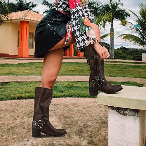 Vimitty Women's Cowgirl Knight Boots Western Knee High Boots Riding Mid Calf Boots Gaiter Rounded Head Mid Calf Boots Chunky Heel Boots #TOP4
