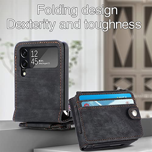 Topfunny Galaxy Z Flip 3 Wallet Case With Card Holder Retro 2 In 1 Detachable Zipper Flip Wallet Kickstand Premium Pu Leather Protective Phone Cover For Samsung Galaxy Z Flip 3 5G 2021 Black #TOP3