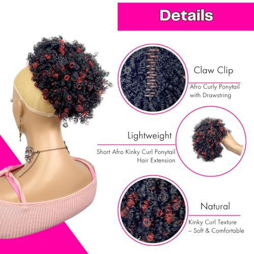VAVANGA Short Afro Curly Ponytail Claw Clip Curly Hair Puff Bun Red Highlight with Black Kinky Curl Ponytail Hair Bun Hairpiece for Black Women — view 5