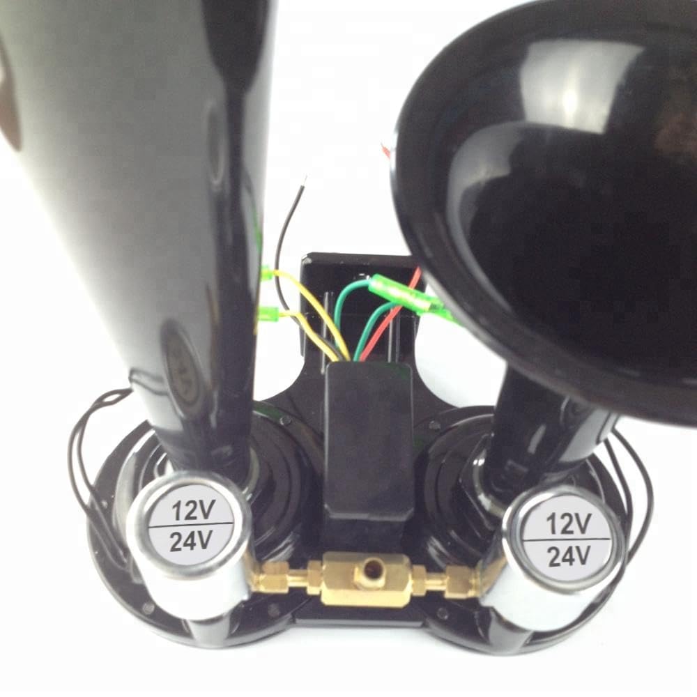 Klaxon à Air Double Trompe Noir 12V 24V 170dB Supert Fort Pneumatique Pour Camion Train TGV Bateau Tracteur