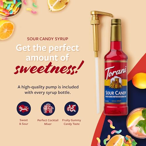 Image of Torani Sour Candy Syrup for Drinks, Flavoring for Iced Tea, Lemonade, Sodas, and Cocktails, Pump Included, 25.4 Oz