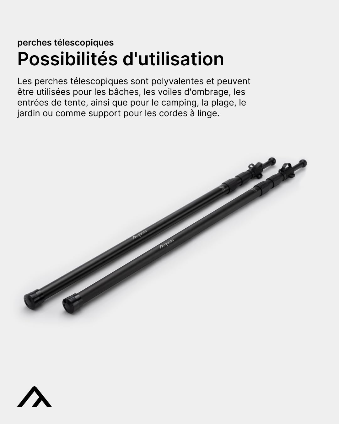 qeedo Scope Set - de 2 mâts télescopiques Aluminium 95–230 cm, ultralégers (550 g) avec Twist-Lock - Poteaux de Tente pour tarp, auvent, Voile d’ombrage, Camping, Plage - Noir/Champagne