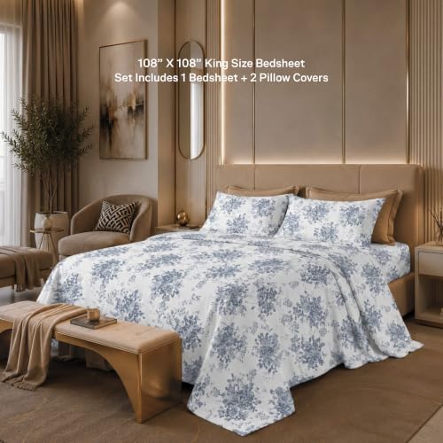 Image of Jaipur Weaves Cotton Percale King Size Bedsheet 108x108 Super King, 100% Pure Cotton Bed Sheet with 2 Pillow Covers, 300 TC Soft Breathable Floral Design Bedding (Blue Meadows, Super King)