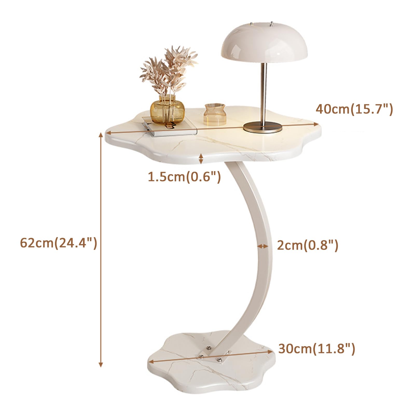 C Shaped Side Table, White End Table for Couch, Marble Texture