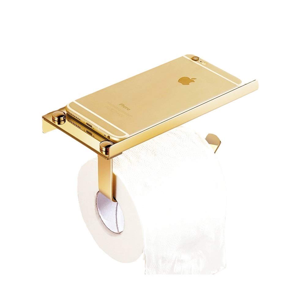 Wall Mount Toilet Paper Holder,Stainless Steel Bathroom Tissue Holder with Mobile Phone Storage Shelf,304 Stainless Steel (Gold)