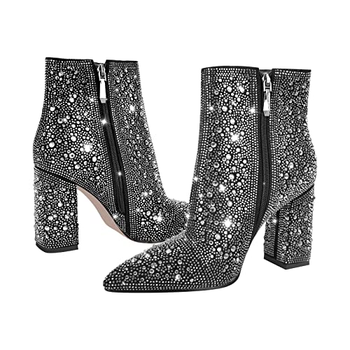 VERISSON Glitter Rhinestone Block Boots Point Toe Zip-up Booties
