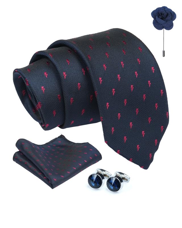 axlon Geometric Tie For Men – Formal Ties Set With Pocket Square, Cufflink & Flower Pin With Gift Box For Mens, Silk Fabric Neckties Gift Sets For Men’s (G0)-picture-34