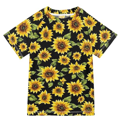 Wudan Black Sunflowers Leaf Girl Bathing Suit Short Sleeves Girls Rashguard Swimwears Summer Clothes for Little Boy 11-12Y