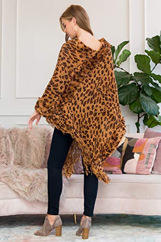Classic Soft Knit Poncho Shawl Wrap - Winter Warm Fringe Tassel Sweater Cape, V-Neck Stripe Pullover Leopard Animal Print (V-Neck Fringe Poncho - Leopard Brown) #TOP5