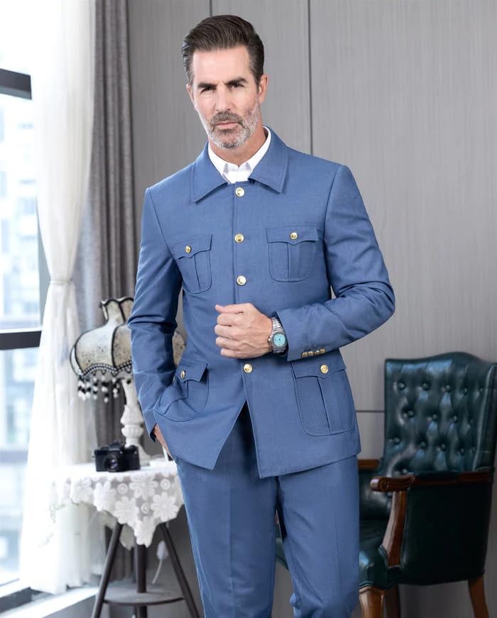 Vintage Men's 2 Pieces Suits Classic Fit Safari Jacket with Metal Clasp Notch Lapel Hunting Coats for Wedding 7