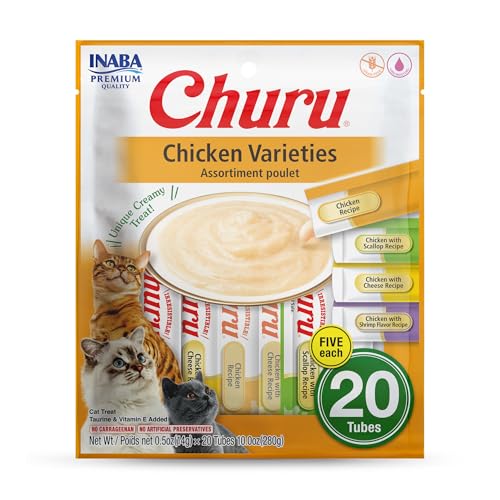Image of INABA Churu Cat Treats, Lickable, Squeezable Creamy Puree Cat Treat with Green Tea Extract & Taurine, 0.5 Ounces Each Tube, 20 Tubes, Chicken Variety