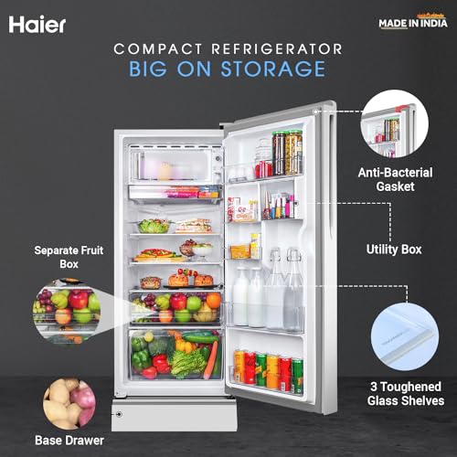 Image of Haier 190 L 5 Star Direct Cool Inverter Single Door Refrigerator Appliance (, HED-205SGB-P, Mirror Glass, Base Stand with Drawer)