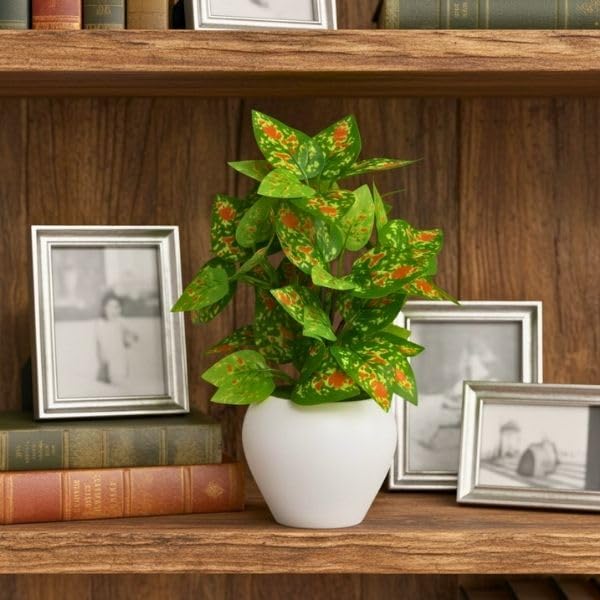 Image of fancymart Artificial Plant Leaves in Apple Pot (30 cm Height) | Small Potted Plant for Office Desk | Home Decor for Living Room | Cafe & Restaurant Table Decoration