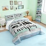 RV Camper Comforter 3 Pieces,Happy Camping Duvet Set for Boys Kids Teens Rustic Farmhouse Style Bedding,Black Sketch Drawing Bedding Comforters Vintage Old Barn Door Inner Fill,Queen Size