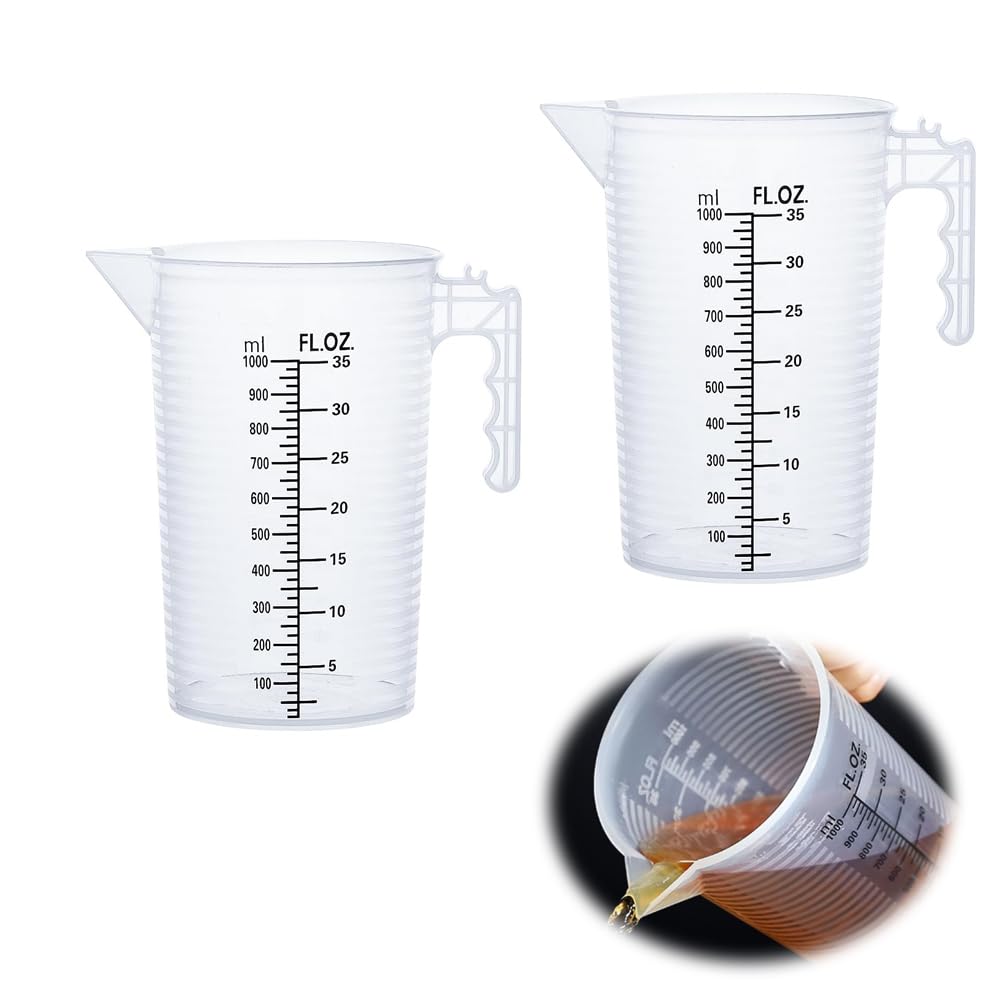 Azonee Plastic Measuring Jugs with Filter Lids, 2 Pack 1000ml Measuring Water Pitchers with Handle and Spout for Water, Coffee, Milk, Flour, Sugar, and Resin Craft