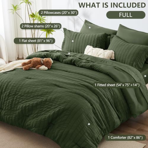 Image of HIMEET Full Size Comforter Sets - 7 Pieces Seersucker Bed in a Bag, Boho Bedding Sets for Bedroom Decor, All Season Home Essential Bed Set with Comforter, Sheets, Pillowcases & Shams, Olive Green
