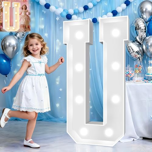Image of Pooqla 3FT Marquee Light Up Letters, Cool White and Warm White LED Big Mosaic Marquee Letters 3 Feet, Giant Letter Sign for Balloons Birthday Anniversary Wedding Party Decoration, Letter U