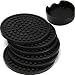 ENKORE Coasters For Drinks - Set of 6 with Holder, Black - Protect Furniture From Water Marks or Damage - Deep Tray and Rim Catch Cold Drink Sweat Without Spill, Large 4.3 Inch Size Fit All Cups