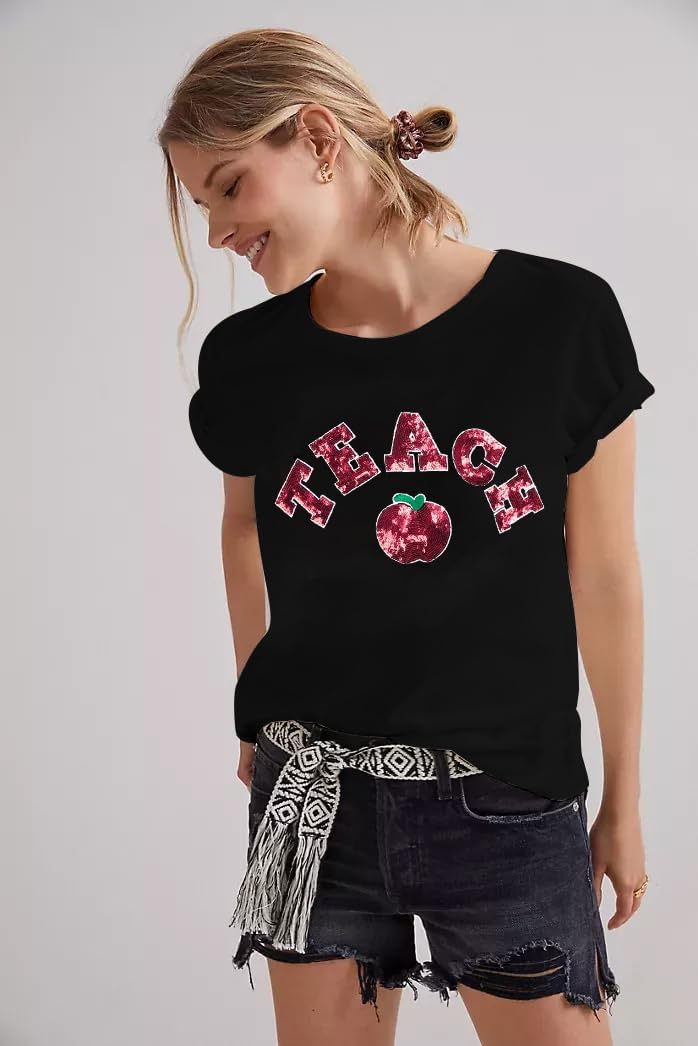 Teacher Shirt for Women Sequin Teach Apple T Shirt Back to School Shirt Kindness Tee Teaching Life Tops - Image 3