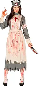 Fantasia Enfermeira Assassina Halloween Feminina Adulta Zumbi Avental Vestido e Chapéu Sangrento