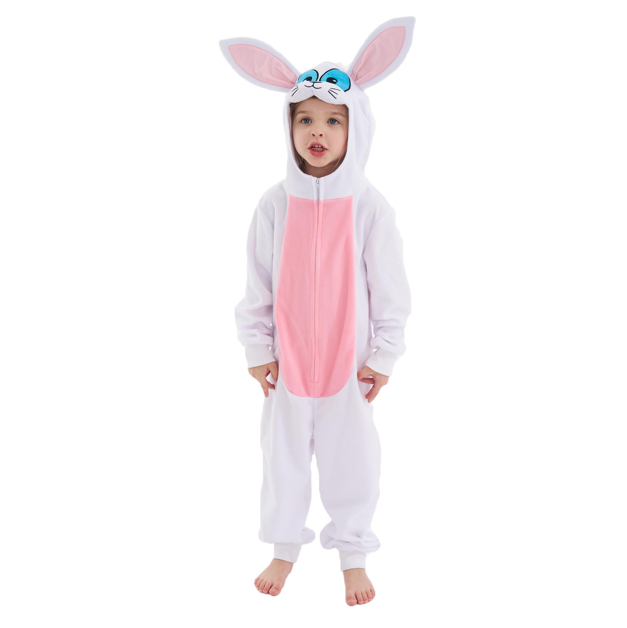 Wbesty Kids Rabbit Onesie, Fluffy Bunny Fleece Costume with Ears and Pom-Pom Tail for Girls Boys Easter Halloween Christmas Party 4-6 Years