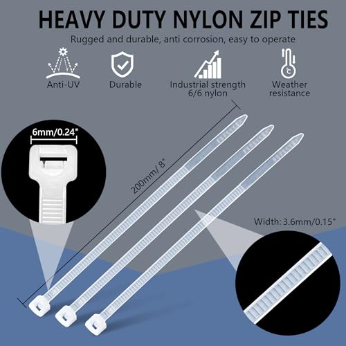200PCS 8 Inch White Zip Ties Heavy Duty - Industrial 50 lbs Tensile Strength Clear Cable Ties, UV & Weather Resistant tie wraps, Self-Locking for Cable Management, Outdoor Use, and Home Organization