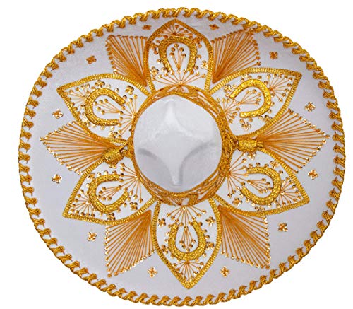 Festmex Authentic Adult Mexican Sombrero Mariachi Charro Hat, Premium Mexican Hat For Costume Parties, 5 De Mayo, 16 De Septiembre (White And Gold) #TOP3