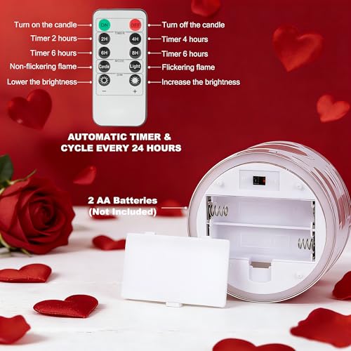 Image of Valentines Day Flameless Candles with Remote, Red Heart Glass Battery Operated Candles, Real Wax Flickering LED Pillar Candles for Proposal Wedding Anniversary Romantic Night, 3 Pack