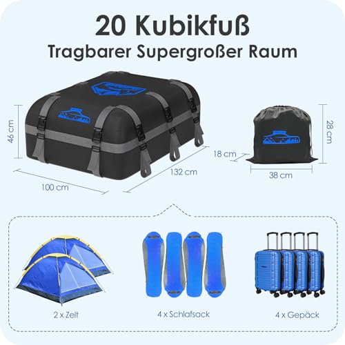 Rymopuey Dachbox Faltbar 15-21 Kubikmeter, 700D Wasserdicht Dachbox Auto, Dachbox mit Anti-Rutsch-Matte und 6 Hochleistung Riemen (20 Kubikmeter-Grau)