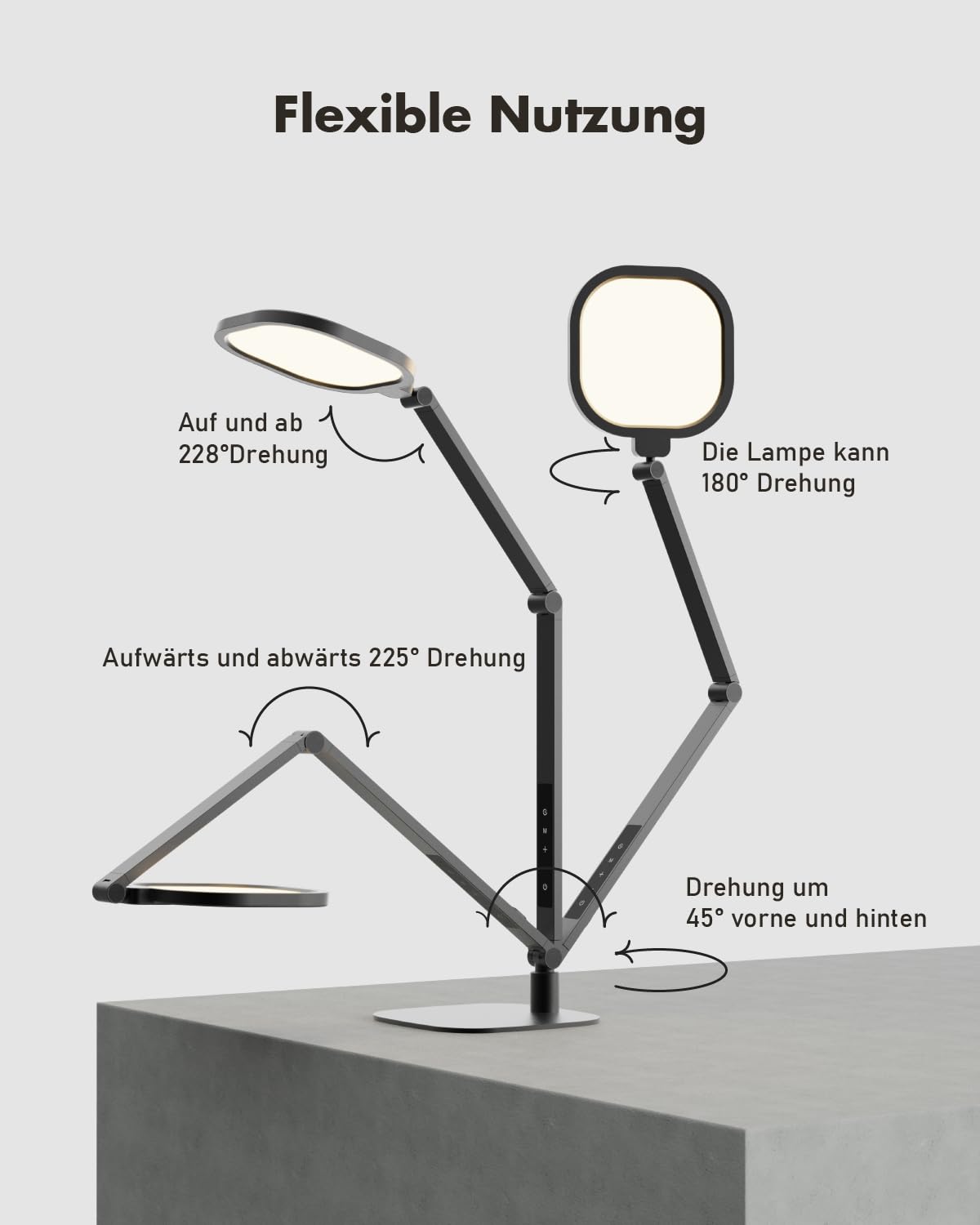LitONES Schreibtischlampe LED Dimmbare, Augenschutz tageslichtlampe schreibtisch mit 3 Farbmodi und Touch-Steuerung/Memory-Funktion,15W Schwenkarm Bürolampe mit Stecker,Schwarz