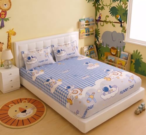 Image of Filymore Kids Double Bed Sheet Set - Cartoon Space Fun Day Theme, 240 TC Soft Microfiber Bedsheet, Astronaut Design, 2 Pillow Covers, 90x90 Inch Double Bedspread, Blue White & Grey