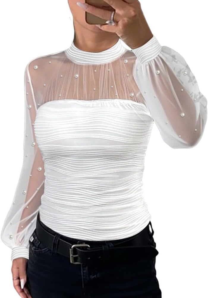 Women‘s Pearls Decor Long Sleeve Blouse Mesh Spliced Textured Shirt Going Out Top