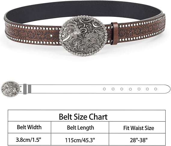 Women Western Cowboy-Cowgirl Rhinestone Belt, Vintage Western Bling Buckle PU Leather Belt Fits Waist 28-38"4