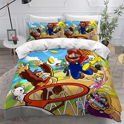 LARIAU Cartoon Duvet Cover,Game Characters Super Bros 3D Print Bedding King 3 Piece Sets for Kids Boys, Lightweight Soft Microfiber Quilt Set with Matching Pillowcase Ma2