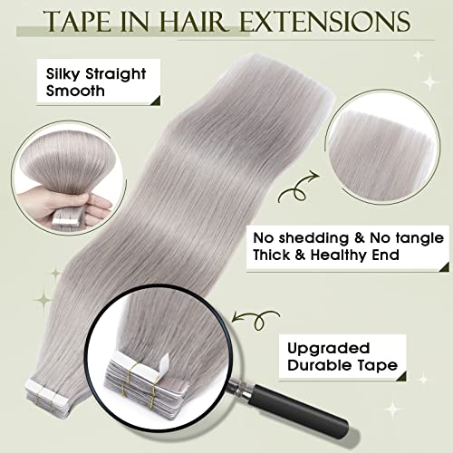 Benehair Tape In Hair Extensinons Human Hair Seamless Straight 14Inch 20Pcs 100% Real Human Hair Grey Hair Extensinos Tape Ins With Soft Invisible Remy Hair Extensions For Women 40G #TOP1