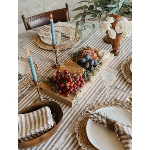 Image of Solino Home 100% Pure Linen Placemats, 14 x 19 in, Brown Striped, Set of 4