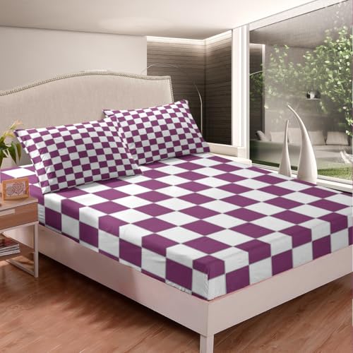 Image of Erosebridal Girls Purple Checkered Sheet Set White Lavender Buffalo Plaid Grid Bed Sheets Twin,Checkerboard Bedding for Kids Teen Women Geometrical Gingham Bed Sheet Set 3 Piece