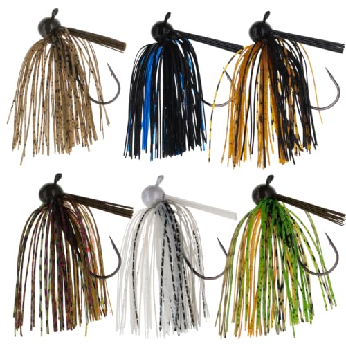 Reaction Tackle Football Jigs for Bass Fishing Football Head Jig with Silicone Skirt for Pike Walleye and Muskie Fishing - 1/4 Oz (6-Pack Variety 1 of Each Color)