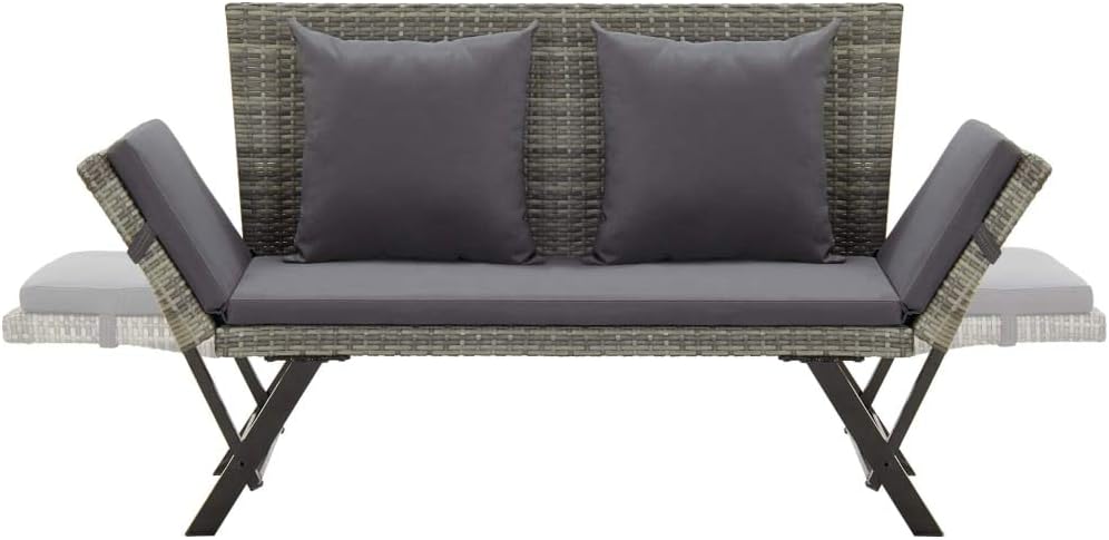Patio Bench with Cushions 69.3" Gray Poly Rattan Outdoor Seating
