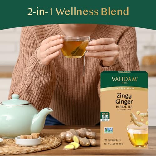 Image of VAHDAM, Ginger Tea (100 Tea Bags)| Caffeine Free, Non-GMO, Indian Origin, Eco-Friendly Individually Wrapped Tea Bags