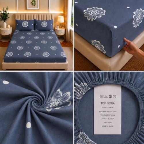 Image of Castiqa Elastic Fitted Supersoft Premium Polycotton 200TC King Size Bedsheets with 2 Pillow Covers | No Slip Bedsheet | (Gray SnFloral, King (72x78 Upto 10 inch Mattress))
